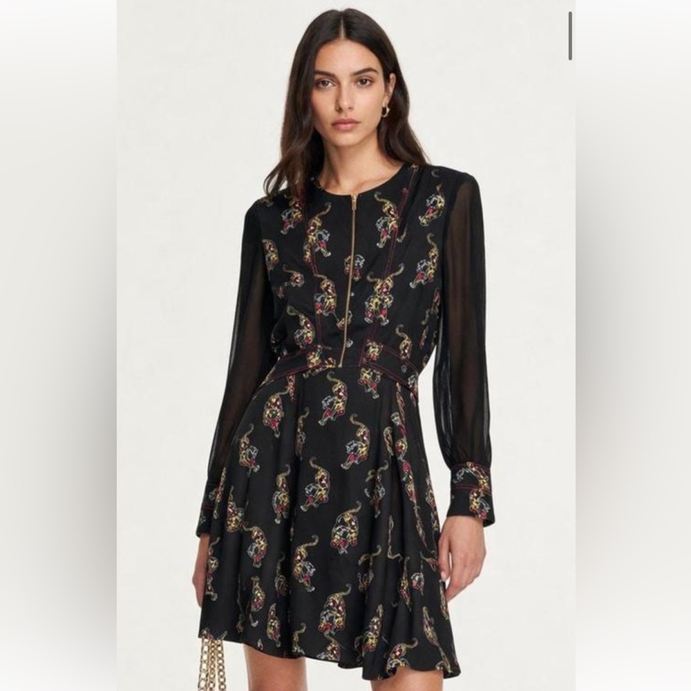 Sandro Paris Black Dress with Tigers Feline and Floral Motive Xs-S